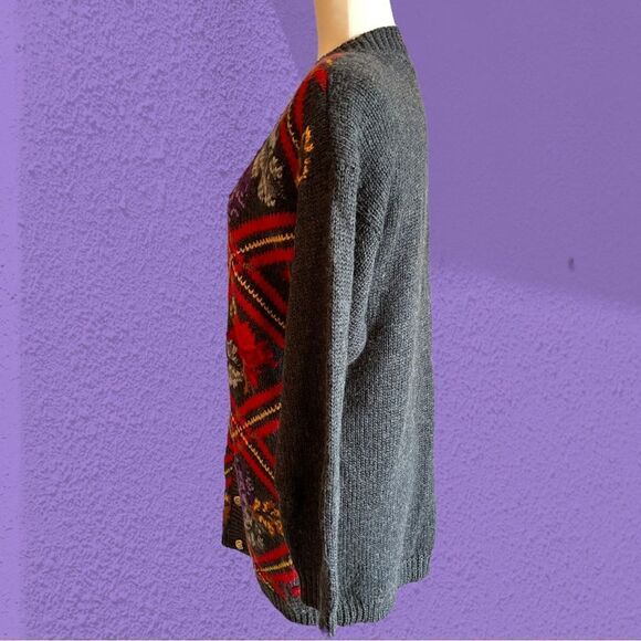 Vintage wool blend oversized knit cardigan plaid floral textured - Picture 6 of 13